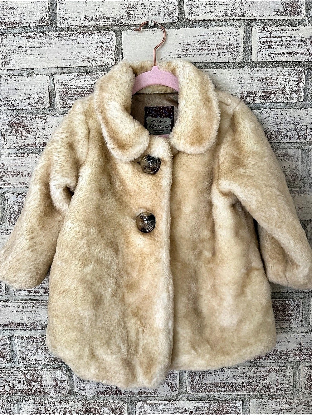 Vintage Old Navy Baby Girls Faux-Fur Button-Front Coat Beige 18-24 mos